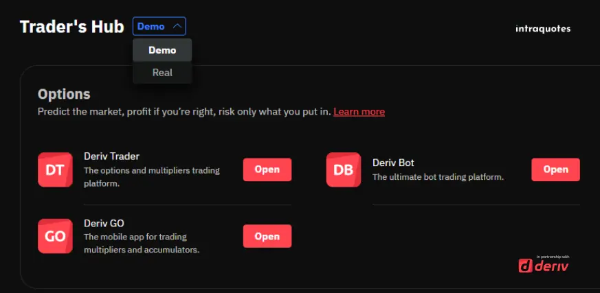 DTrader demo account option on deriv web platform